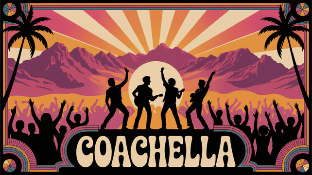 Vibrant coachella festival silhouette with dancing crowd palm trees and sunset mountains