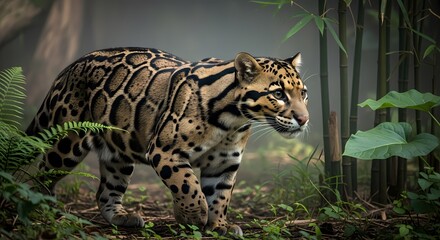 Naklejka premium A majestic clouded leopard with distinctive patterns walks through a lush, misty jungle environment, surrounded by green foliage.