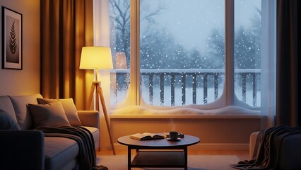 Fototapeta premium Cozy Living Room with Snowfall View from Window.
