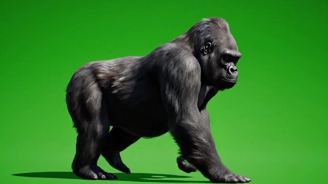 A realistic 3D rendering of a large silverback gorilla walking on a vibrant green screen background, showcasing its powerful build and dark fur.