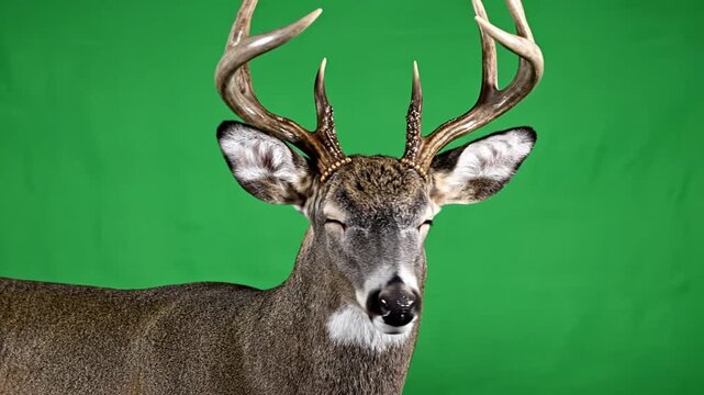 A close-up shot of a majestic buck with large antlers and closed eyes, standing against a vibrant green screen background.