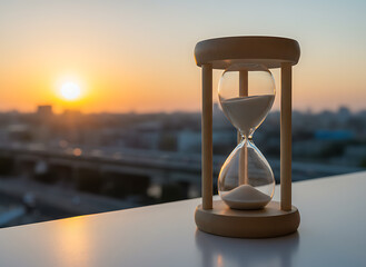 Hourglass with flowing sand against sunset sky background, time management and deadline concept, life passing by or countdown metaphor, sand clock for business productivity. Time, Life & Business Conc