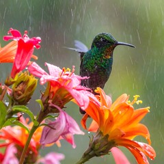 Obraz premium A hummingbird perches on vibrant flowers in the rain