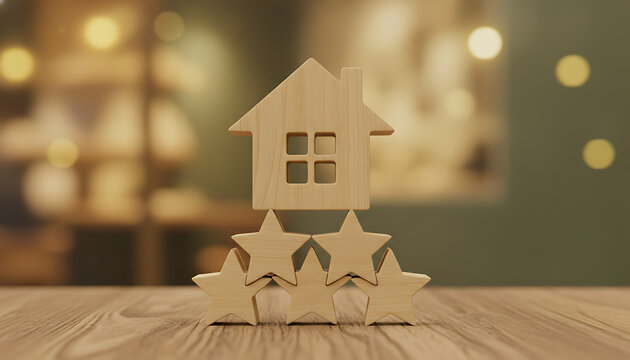 Wooden house model standing on star rating symbols, representing real estate quality, customer satisfaction, trusted property service, home review, premium housing, reliability. Real Estate / Property