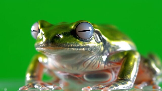 Close-up of a vibrant green tree frog with large eyes against a bright green background, showcasing its reflective skin.