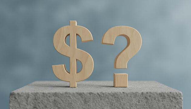 Dollar sign and question mark on grey stone surface, representing financial uncertainty, investment questions, economic doubt, budget planning  pricing strategy concept. Financial Strategy & Uncertain