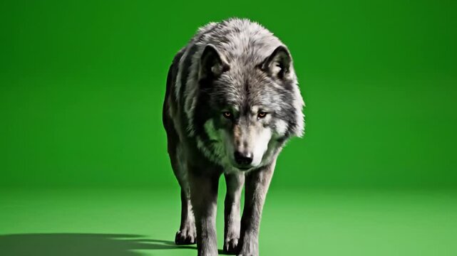 A majestic gray wolf stands front and center against a vibrant green screen, looking directly at the viewer.
