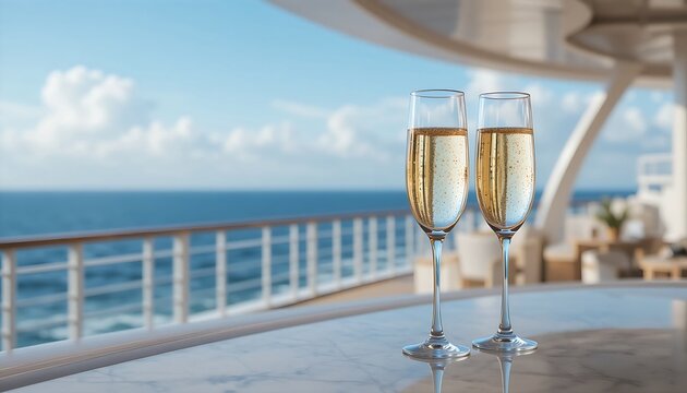  Elegant champagne flutes filled with a light-colored sparkling wine on a bar counter, with a blurred backdrop of a classic cruise ship deck with the open ocean. Ratio 16:9, glamorous, nautical, vacat