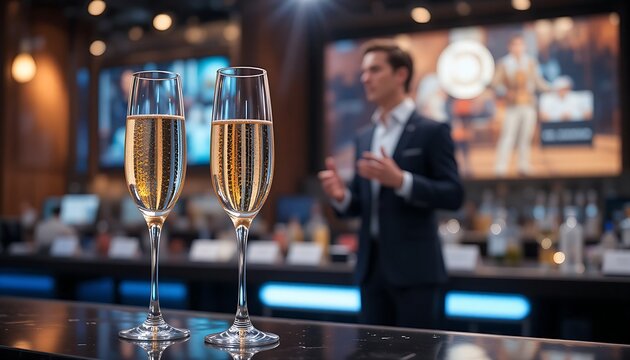 Elegant champagne flutes filled with a light-colored sparkling wine on a bar counter, with a blurred backdrop of a bustling city rooftop with party lights. Ratio 16:9, festive, urban, nightlife.
