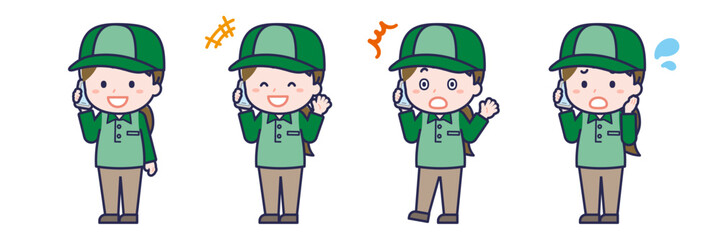 スマートフォンを使う「配達員」の女性