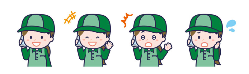 スマートフォンを使う「配達員」の女性