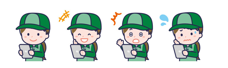 タブレットを使う「配達員」の女性