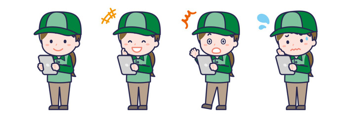 タブレットを使う「配達員」の女性