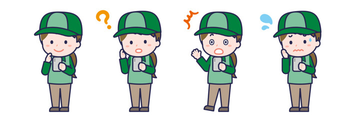 スマートフォンを使う「配達員」の女性