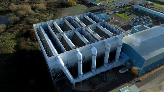 Industrial drone perspective of the King&rsquo;s Lynn power facility, illustrating combined cycle gas turbine technology and energy transmission.