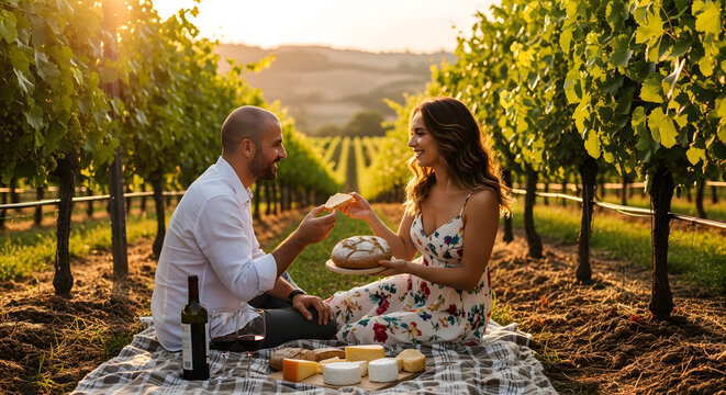 A smiling couple sits on a plaid blanket between rows of grapevines sharing fresh bread and cheese during a golden hour picnic