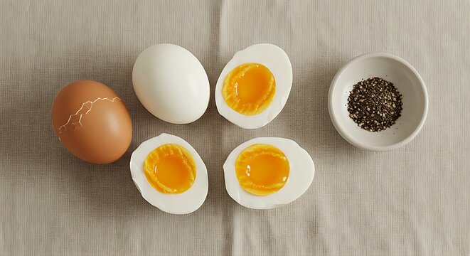 A minimalist arrangement of three hard-boiled eggs cracked open to reveal bright yellow yolks, positioned on a light linen napkin next to a small dish of black pepper.
