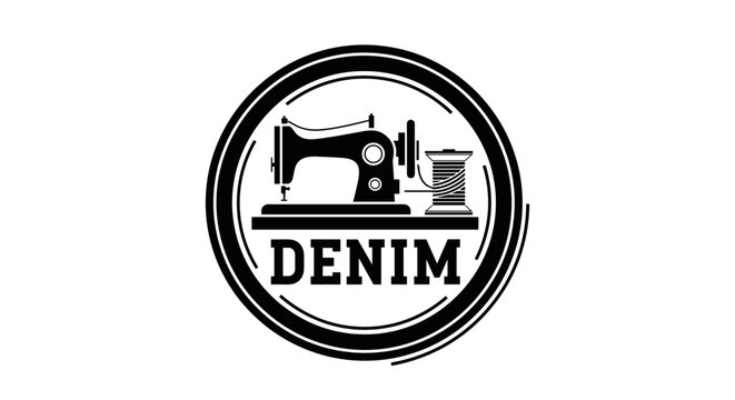 Black and White Denim Sewing Machine Logo.