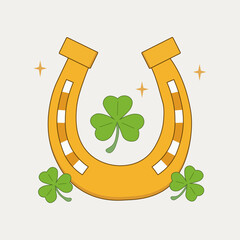 Gold Horseshoe with Green Three Leaf Clovers and Sparkles for Saint Patricks Day Luck