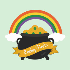 Pot of Gold with Rainbow and Shamrock Coins for St Patricks Day Celebration