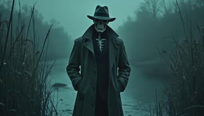 Naklejka premium Skeleton in trench coat and fedora hat stands by foggy river. Grim detective figure in dark suit. Mysterious figure with bare bones. Eerie atmosphere and dark reeds.