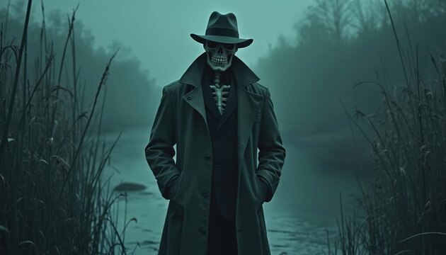 Skeleton in trench coat and fedora hat stands by foggy river. Grim detective figure in dark suit. Mysterious figure with bare bones. Eerie atmosphere and dark reeds.