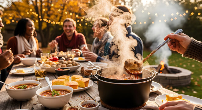 A group of cheerful friends gathered around a wooden table in a backyard with a fire pit serving hot soup and cornbread during a fall evening