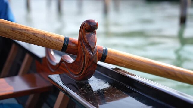 Closeup of a Gondola Oar Lock and Wooden Oar in Venice Canal.