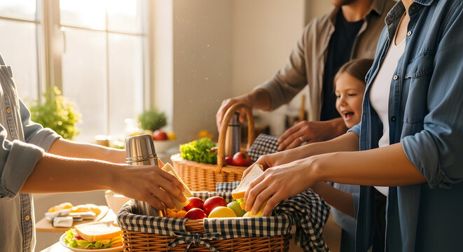 A group of people and a child preparing a wicker basket with food and drinks for an outdoor trip