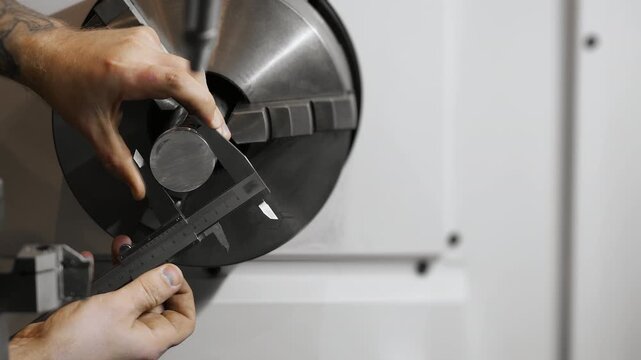 Engineer measuring metal part with caliper during precision machining and quality control process in industrial manufacturing factory.
