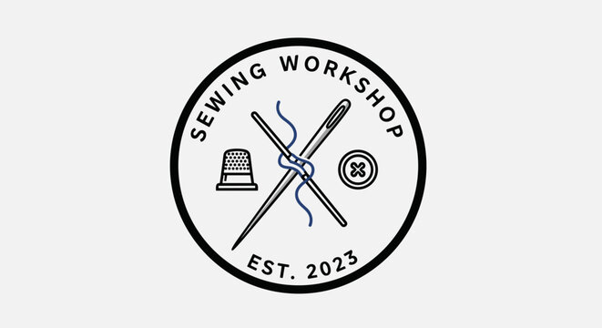 Sewing Workshop Logo with Scissors and Thread.