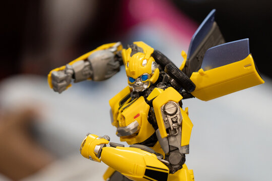 GUAYAQUIL, ECUADOR &ndash; AUG 06, 2023: Bumblebee action figure from the Transformers franchise displayed at a Comic Con collectors event, representing popular robot characters from movies, comics and toy 