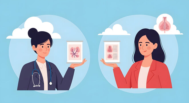 Medical infographic showing two female healthcare professionals explaining digestive health issues