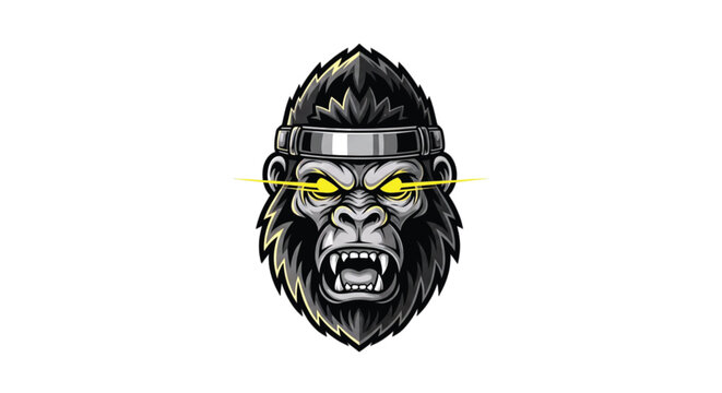 Fierce gorilla head illustration with glowing eyes and metal headphones