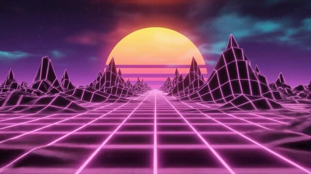 A vibrant retro-futuristic landscape with a glowing grid road and sunset