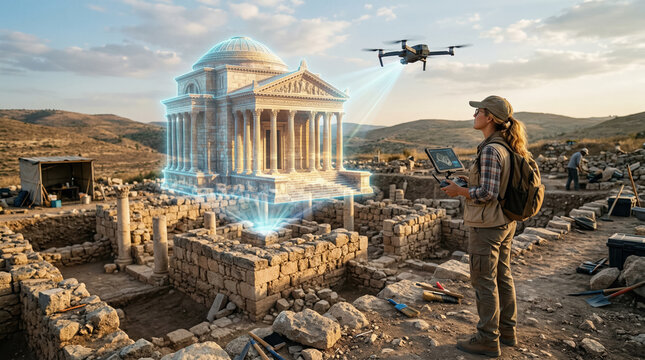 Archaeologist with drone temple hologram
