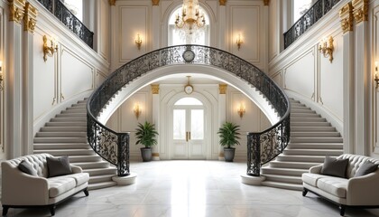 Grand elegant foyer features double staircase with ornate railing. Luxurious white sofas flank marble floor. Ornate chandelier and sconces light up interior.