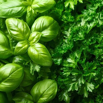 Fresh Green Basil and Parsley Leaves for Culinary Use and Decor