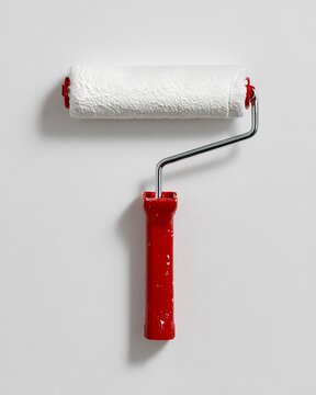 Paint Roller with Red Handle Against Plain White Wall Background