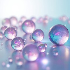 Naklejka premium Iridescent water spheres float on surface. Bubbles reflect colorful light spectrum. Delicate droplets form abstract pattern with light effects and shine.