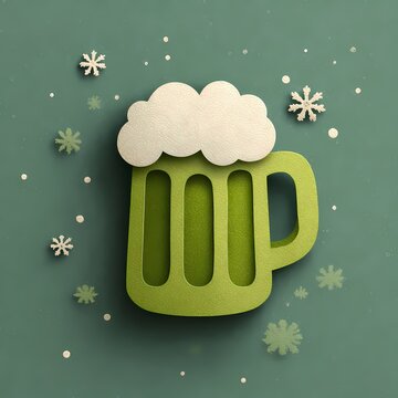 Green Beer Mug with Snowflakes on a Soft Blue Background
