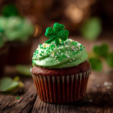 Green Frosted Cupcake with Shamrock Decoration for St. Patrick's Day