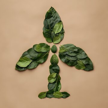 Green Leaves Arranged in a Tree Shape on a Neutral Background