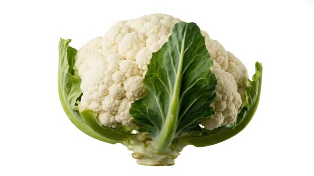 Fresh cauliflower with green leaves on white background