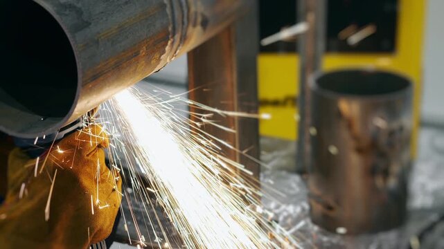 Industrial worker cutting steel pipe with angle grinder creating bright sparks during metal fabrication process in manufacturing workshop.