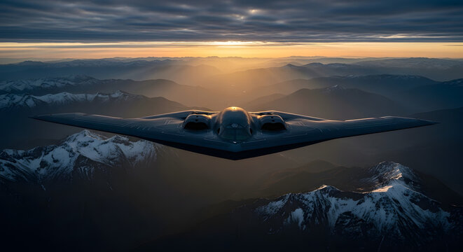 B-2 Spirit stealth bomber flies over snow-capped mountains at sunrise