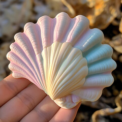 Fototapeta premium A beautiful pastel rainbow seashell resting in a human hand