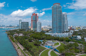 Miami Beach skyline. Miami city aerial view. Miami shoreline. Miami ocean shore.