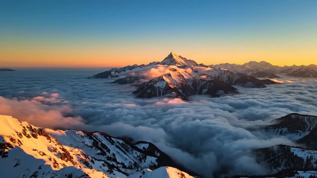 Majestic snow-capped mountain peaks rise above a serene cloud inversion