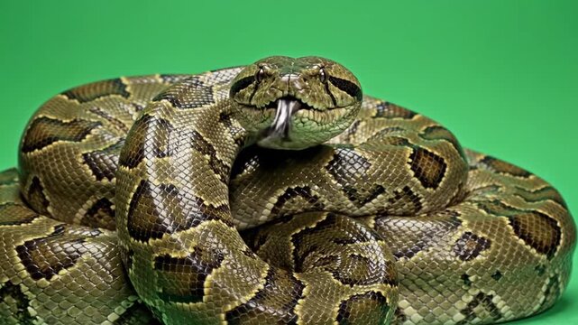 Close-up view of a large, patterned snake with its head facing forward and tongue slightly out, coiled against a vibrant green background.